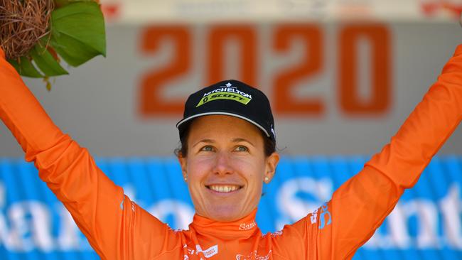 Amanda Spratt celebrates winning Stage 2 of the Santos Women’s Tour Down Under. Picture: Tim de Waele (Getty).