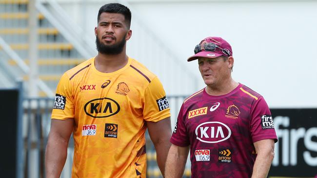 Broncos prop Payne Haas and coach Kevin Walters. Picture: Liam Kidston.