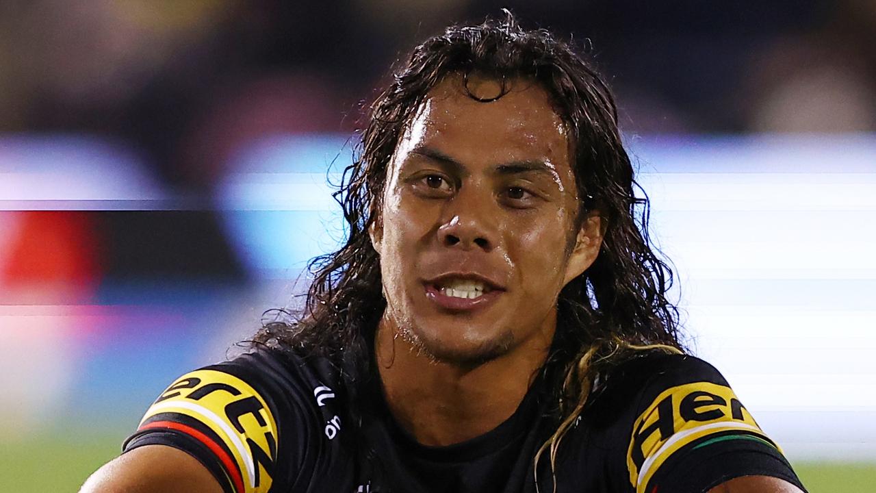 PENRITH, AUSTRALIA - JUNE 09: Jarome Luai of the Panthers sits in the middle of the field after winning the round 14 NRL match between Penrith Panthers and Manly Sea Eagles at BlueBet Stadium, on June 09, 2024, in Penrith, Australia. (Photo by Jeremy Ng/Getty Images)