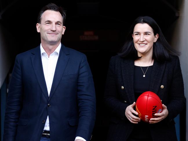 MELBOURNE, AUSTRALIA - AUGUST 28: Incoming AFL Chief Executive Andrew Dillon and newly appointed AFL Executive General Manager Football Laura Kane are seen during an AFL Media Opportunity at Marvel Stadium on August 28, 2023 in Melbourne, Australia. (Photo by Michael Willson/AFL Photos via Getty Images)