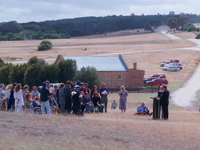 Tasmanian Indigenous people attending a ceremony during the handover of Wybalenna land, on Flinders Island in 1999, by the late premier Jim Bacon. Picture: Kim Eiszele