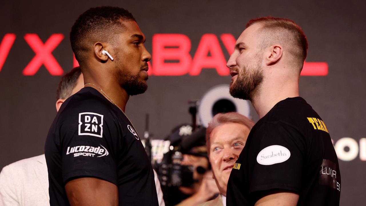 Anthony Joshua and Otto Wallin square up. (Photo by Richard Pelham/Getty Images)