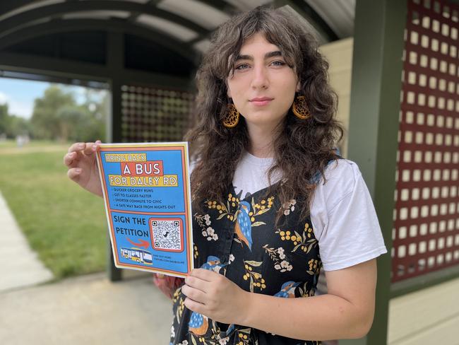 ANU Student Skye Predavec is petitioning the ACT government to bring back the Daley St bus. Picture: Julia Kanapathippillai