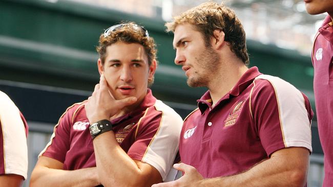 Billy Slater and Dallas Johnson. The Queensland State of Origin team at a signing session in the Queen Street Mall in 2008. Pic: Peter Wallis