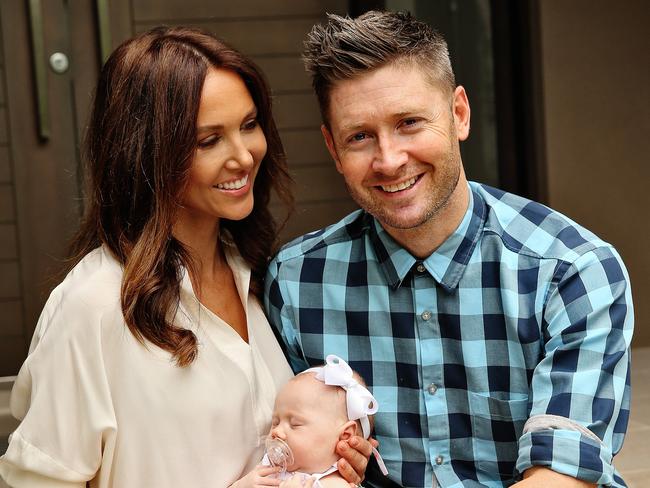 Michael Clarke with wife Kyly and new born baby daughter Kelsey Lee. Clarke has declared a desire to return to cricket.