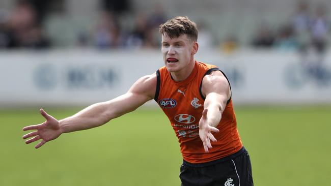 Sam Walsh will play his first game of the season against Adelaide on Saturday if he can get through training this week at Ikon Park. Picture: David Crosling