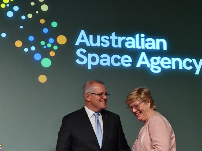 Australia's Prime Minister Scott Morrison and Australian Space Agency CEO Dr Megan Clark at the NASA headquarters in Washington DC. Picture: AAP