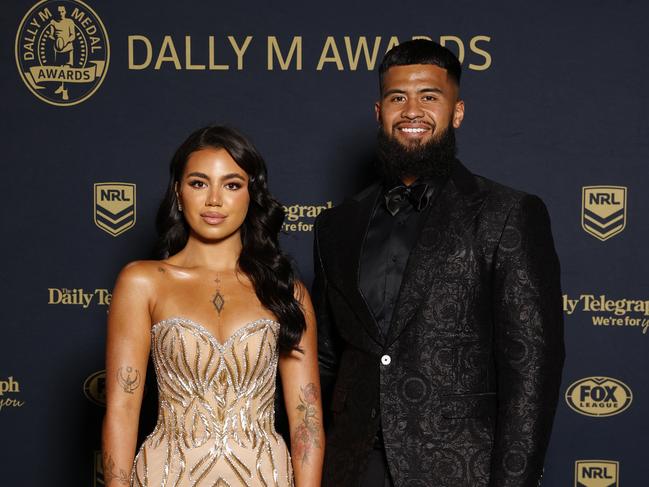 SYDNEY, AUSTRALIA - NCA NewsWire Photos - 27 SEPTEMBER, 2023: Payne Hass and Leilani Mohenoa on the red carpet of the 2023 Dally M Awards, held at Royal Randwick Racecourse. Picture: NCA NewsWire / Jonathan Ng