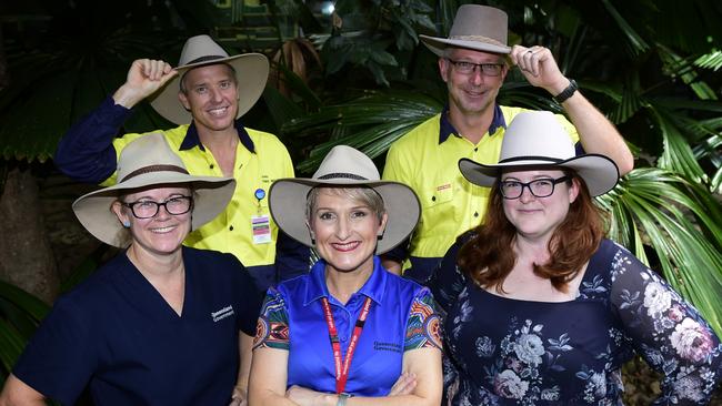 Townsville University Hospital staff Cat Dutton, John Keough, Helene Fotinos Allan Reilly and Caroline Maluga are taking iconic Akubra hats indoors to raise awareness about skin cancer prevention. (Photo taken prior to the mask mandate)