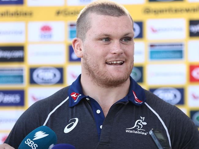 SYDNEY, AUSTRALIA - AUGUST 16:  Tom Robertson speaks to media during the Australia Wallabies and Wallaroos squad announcements at ANZ Stadium on August 16, 2018 in Sydney, Australia.  (Photo by Mark Metcalfe/Getty Images)