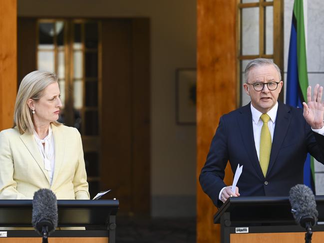 CANBERRA, Australia - NewsWire Photos - September 23, 2024: Minister for Finance Katy Gallagher and Prime Minister Anthony Albanese hold a press conference at Parliament House in Canberra. Picture: NewsWire / Martin Ollman