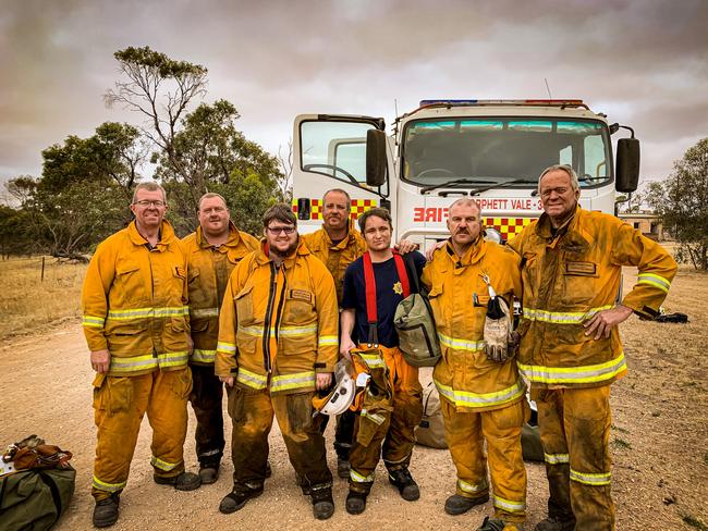 Taken at 8am on Thursday morning after the Morphett Vale CFS crew had spent the night fighting the Yorketown fire, pictured is Adam Sargent, Liam Brown, Ashley Baker, Dave Sierat, Angus Jefferys, Dave Dyer and Ben Gebethner.