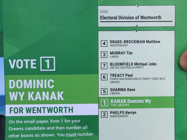 Wentworth Greens how-to-vote cards. Picture: Twitter/Margo Kingston