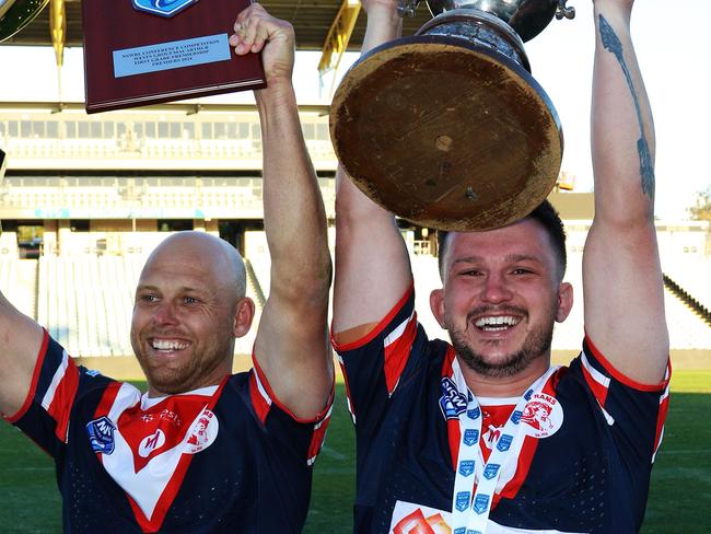 Winners are grinners: Camden captain-coach Brad Speechley (left) and John Martin. Picture Warren Gannon Photography