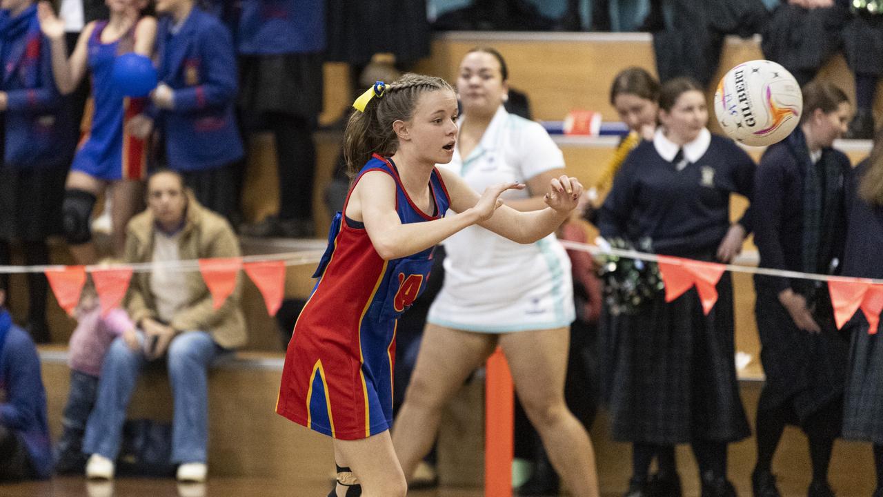 Georgina Nunn of Downlands Junior A against St Ursula's Junior A in Merici-Chevalier Cup netball at Salo Centre, Friday, July 19, 2024. Picture: Kevin Farmer