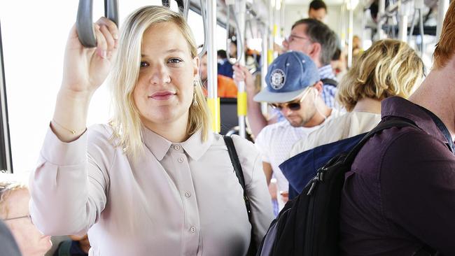 Journalist Karlie Rutherford on the 373 Coogee bus on Tuesday. Picture: Justin Lloyd