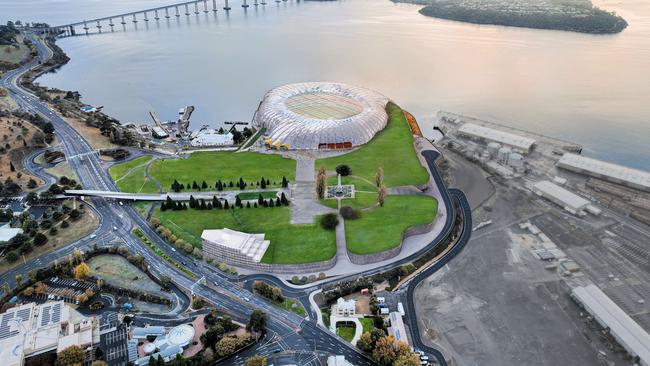 Mac Point 2.0 Stadium aerial view. Design from Stadia Precinct consortia for the proposed AFL stadium at Macquarie Point Hobart. Supplied August 2nd 2024. Picture: Solutions Won