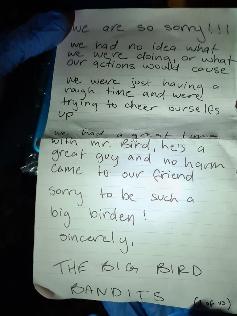 With it came an apology letter from "The Big Bird Bandits" that was left inside the beak. Picture: SA Police