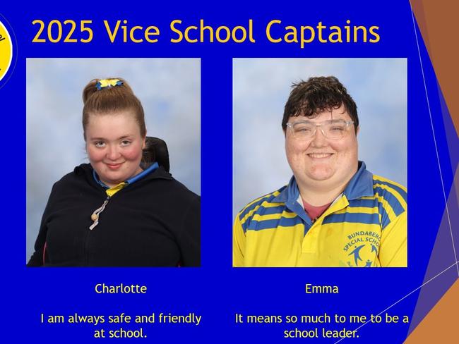 Bundaberg Special School 2025 School Vice Captains Charlotte and Emma. Image credit: Bundaberg Special School