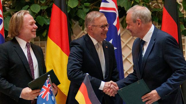 Australian Ambassador to Germany Philip Green, Prime Minister Anthony Albanese and Germany’s State Secretary, Federal Ministry of Defence Benedikt Zimmer after the signing of the deal. Picture:Twitter