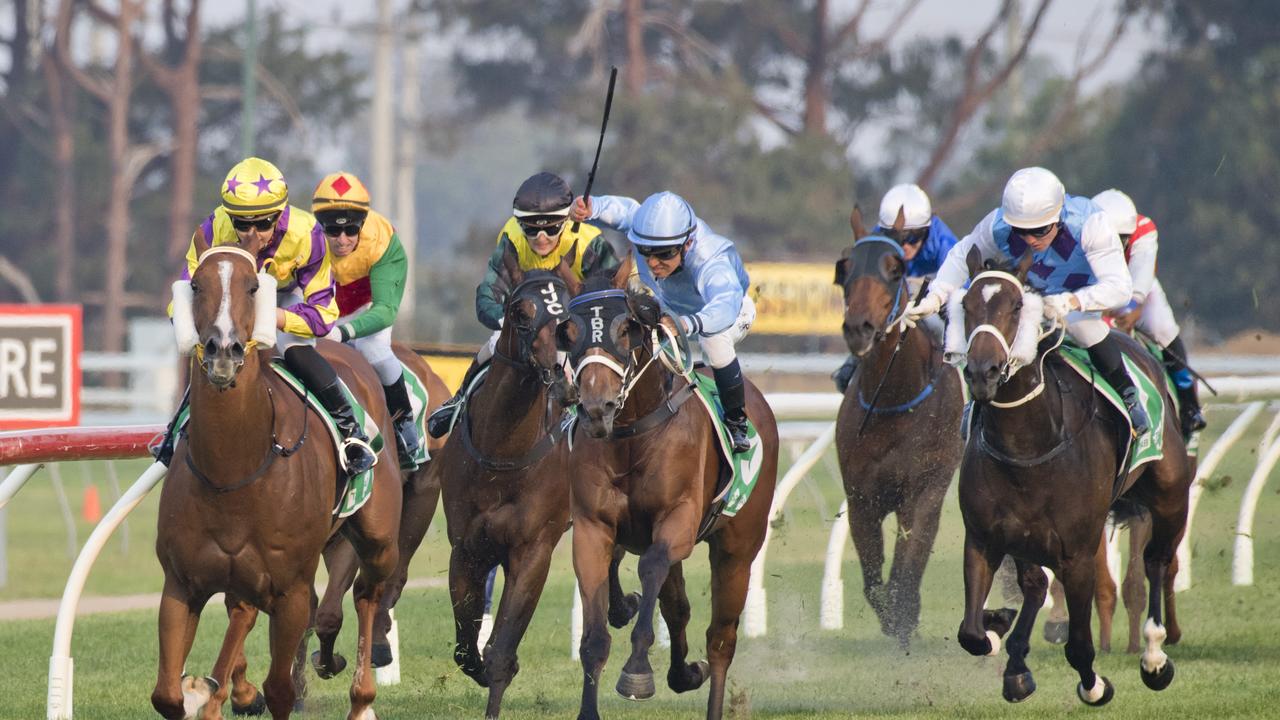 Hautclere and apprentice Sophie Wilcock lead the field home in tonight’s Class 1 Handicap at Clifford Park. Picture: Nev Madsen.