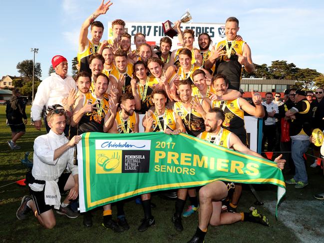 YCW celebrate their Grand Final win during the Peninsula League Grand Final between Frankston YCW and Bonbeach played at Kars Park in Frankston on Sunday 17th September, 2017. Picture: Mark Dadswell