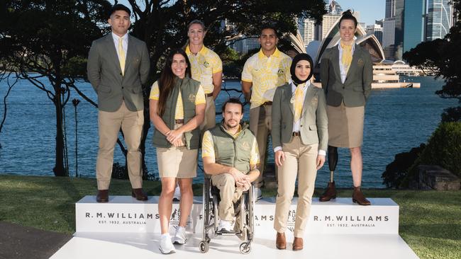 R.M.Williams Commonwealth Games Australia uniform unveiling. Top, from left, Ridge Barredo – weightlifting, Sharni Williams OAM – rugby 7s, Maurice Longbottom – rugby 7s, Ellie Cole OAM – para-swimming; and below, Charlotte Caslick OAM – rugby 7s, Jake Lappin – para-athletics and Tina Rahimi – boxing,