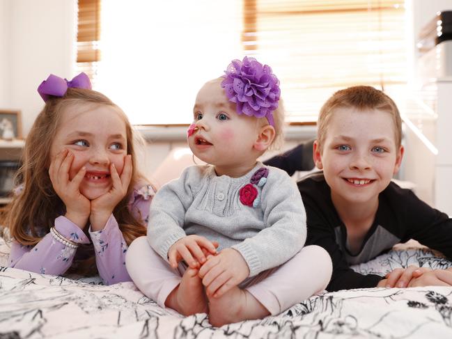 Montana Jackson at home with her sister Charlotte and brother Liam. Picture: Sam Ruttyn