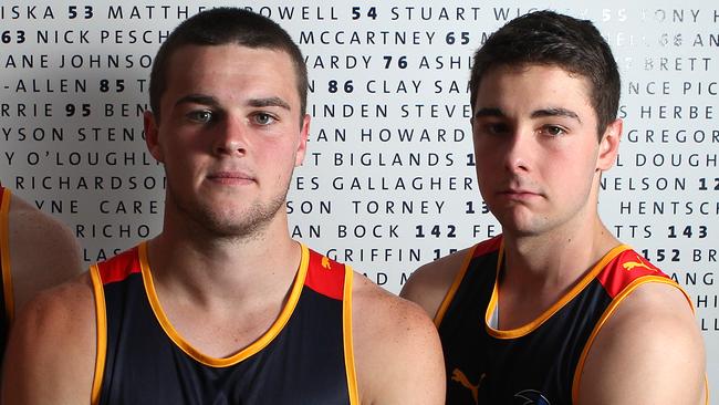 Adelaide Crows footballers, new recruits Sam Siggins and Rory Atkins with Brad Crouch who we will see play this year in Crows colours.