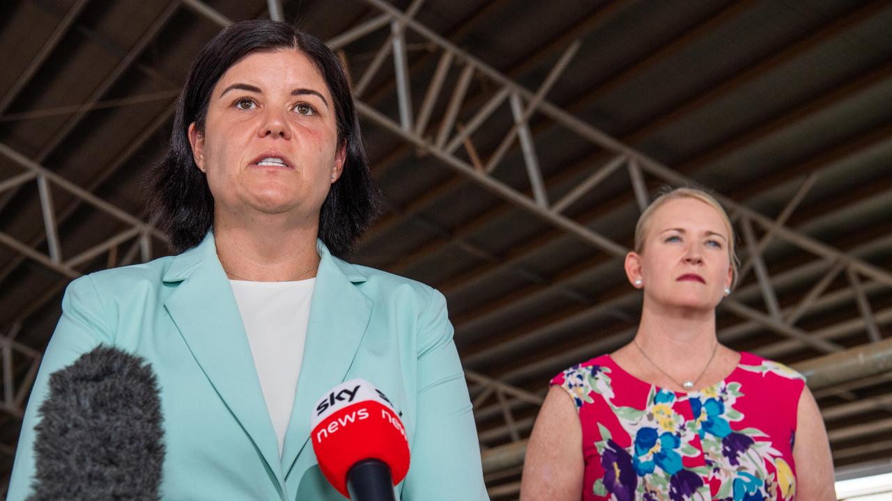 Chief Minister Natasha Fyles and Deputy Chief Minister Nicole Manison at Monday’s media event, 24-hours after she was attacked at Nightcliff markets. Picture: Pema Tamang Pakhrin