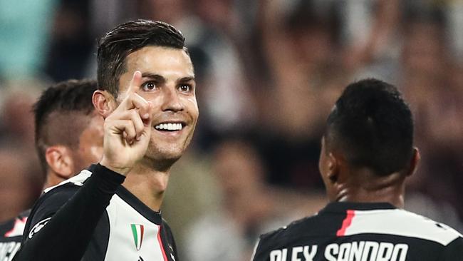 Juventus’ Portuguese forward Cristiano Ronaldo celebrates after scoring against Bayer Leverkusen. Picture: AFP