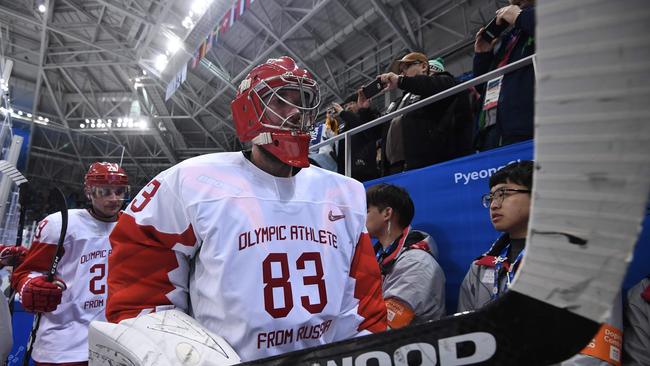 Russia's Vasili Koshechkin walks off the ice after his team’s ice hockey semi-final victory over the Czech Republic. Photo: AFP