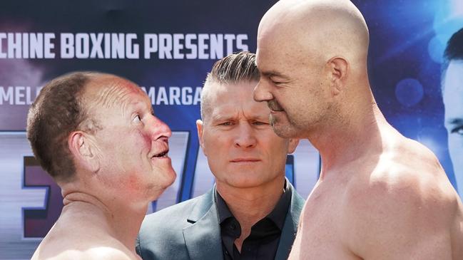 Phil Rothfield and Mark Robinson square off ahead of the Barry Hall v Paul Gallen fight. <i>Image digitally altered</i>