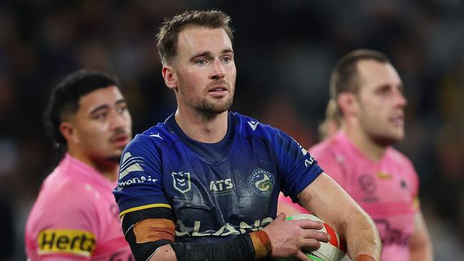 SYDNEY, AUSTRALIA - AUGUST 09: Clint Gutherson of the Eels reacts during the round 23 NRL match between Parramatta Eels and Penrith Panthers at CommBank Stadium, on August 09, 2024, in Sydney, Australia. (Photo by Jeremy Ng/Getty Images)