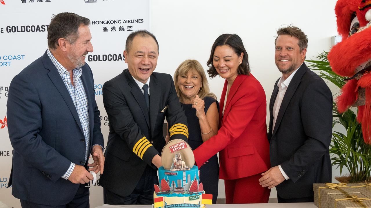 City leaders celebrating the return of Hong Kong Airlines. State Tourism Minister Andrew Powell, Hong Kong Airlines Chairman Yan Bo, Acting Mayor Donna Gates, Queensland Airports Limited CEO Amelia Evans. Picture: Supplied by Queensland Airports.