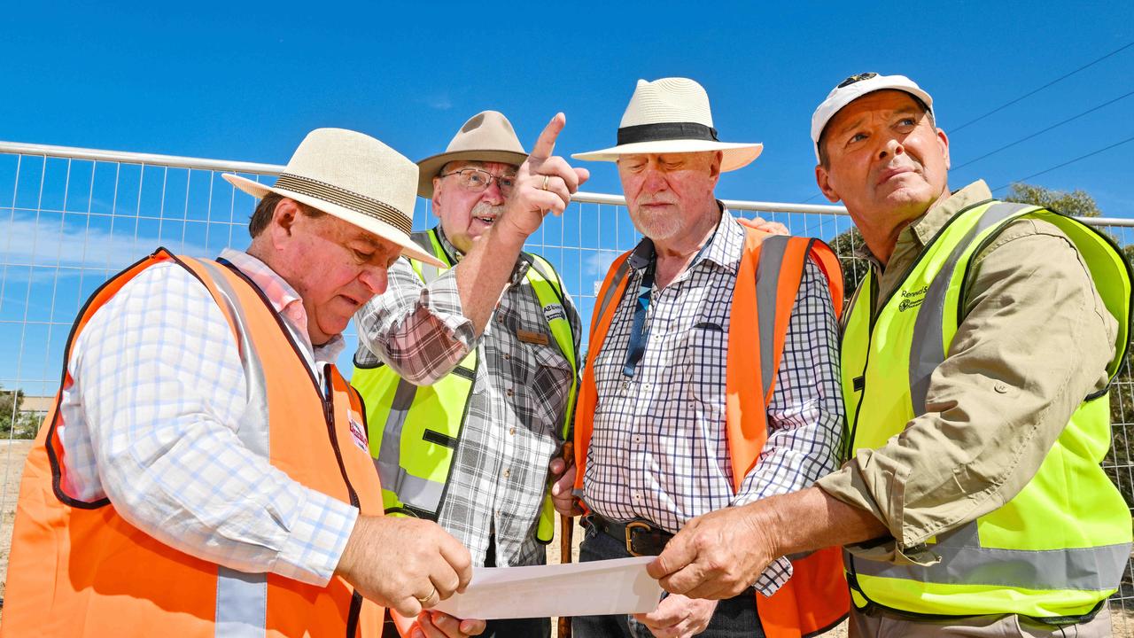 MP Frank Pangallo, forensic archaeologist Professor Maciej Henneberg, retired major crime detective Bill Hayes and author Stuart Mullins at the CastAlloy excavation site. Picture: NewsWire / Brenton Edwards