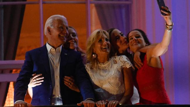 Ashley Biden snaps a selfie during the fireworks of her parents Joe and Jill Biden, and nieces Finnegan and Naomi Biden. Picture: AFP