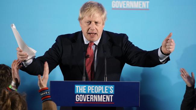 British Prime Minister Boris Johnson speaks to supporters as the Conservatives celebrated a resounding election victory. Picture: Getty