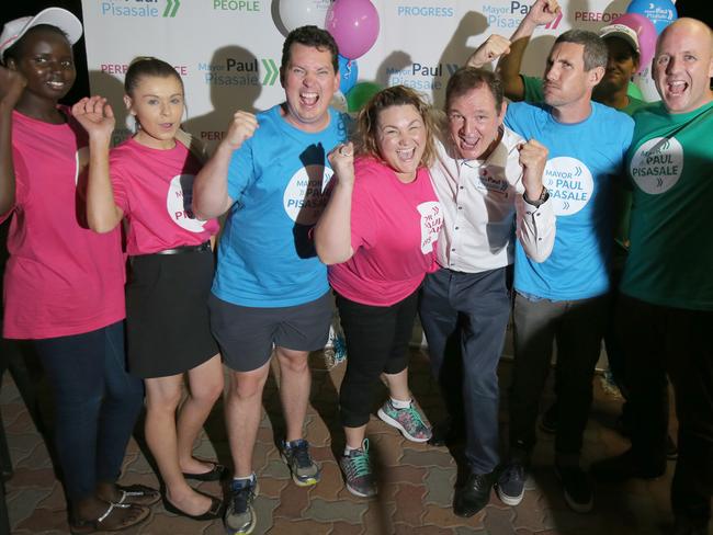 Paul Pisasale (third from left) celebrates his mayoral victory in 2016 with daughter Lisa, son James and other supporters.