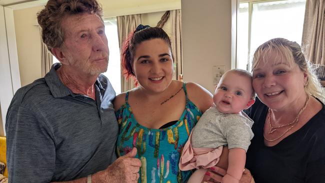 Brian Maisey with granddaughter Zoe Gant, great-granddaughter Tilly and daughter Sue Gant at his Palm Beach home. Picture: Keith Woods.