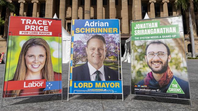 Posters for Lord Mayoral candidates Tracey Price, Adrian Schrinner and Jonathan Sriranganathan at early voting for the Brisbane City Council Election at Brisbane City Hall, Monday, March 4, 2024 - Picture: Richard Walker