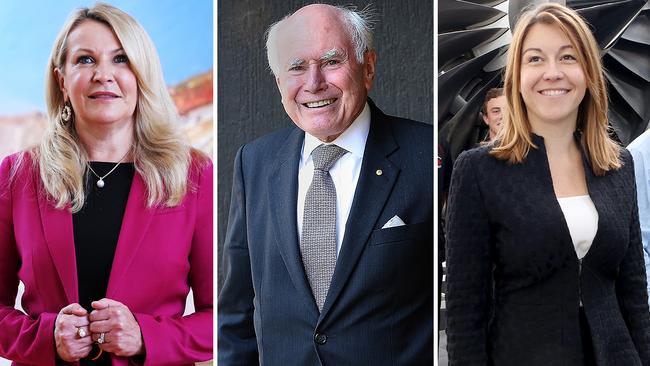 Fortescue Metals chief executive Elizabeth Gaines (left), former PM John Howard and Qantas Loyalty boss Olivia Wirth will advise Rugby Australia. Pictures: File