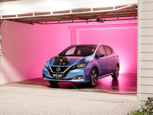 The Nissan Leaf e+ charging in the garage. Picture: Supplied