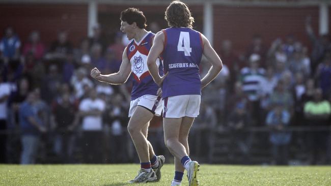 Shane Harvey celebrates a goal during the NFL Division 2 grand final in 2014. Picture: Richard Serong