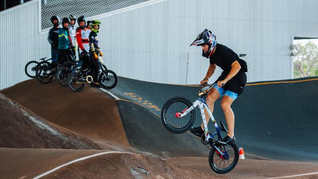 Ballarat born and World Number 1 BMX rider Josh Jolly spent time teaching locals at Palmerston's Satellite City BMX Club ahead of the 2024 NT Titles. Picture: Pema Tamang Pakhrin.