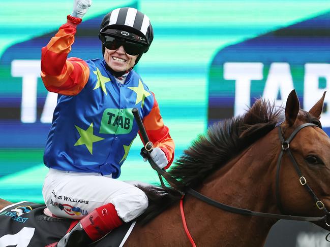 SYDNEY, AUSTRALIA - OCTOBER 19: Craig Williams riding Bella Nipotina wins Race 7 The TAB Everest during Sydney Racing - The Everest Day at Royal Randwick Racecourse on October 19, 2024 in Sydney, Australia. (Photo by Jeremy Ng/Getty Images)