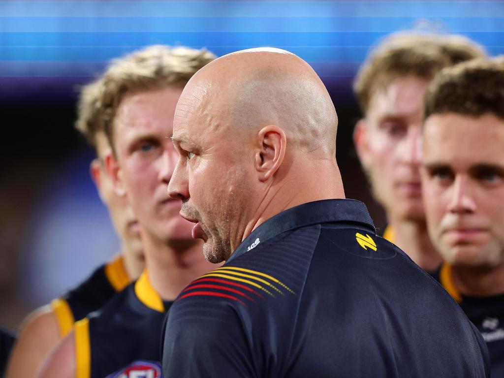 Matthew Nicks speaks to his players during the loss to Hawthorn. Picture: Sarah Reed/AFL Photos via Getty Images.