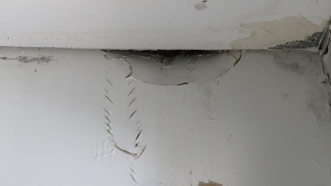 Just some of the damage on the internal walls in Lara Smith’s apartment in the Livingstone Rd block. Picture: Gaye Gerard