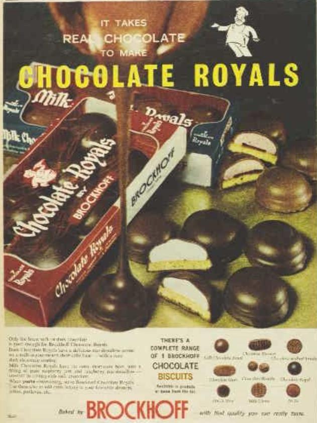 A 1962 Australian Women’s Weekly ad for Brockhoff’s chocolate biscuit range, starring Chocolate Royals. Picture: Trobe collection, National Library of Australia