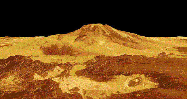 This computer-generated 3D model of Venus’ surface shows the summit of Maat Mons, the volcano that is exhibiting signs of activity. Picture: NASA/JPL-Caltech